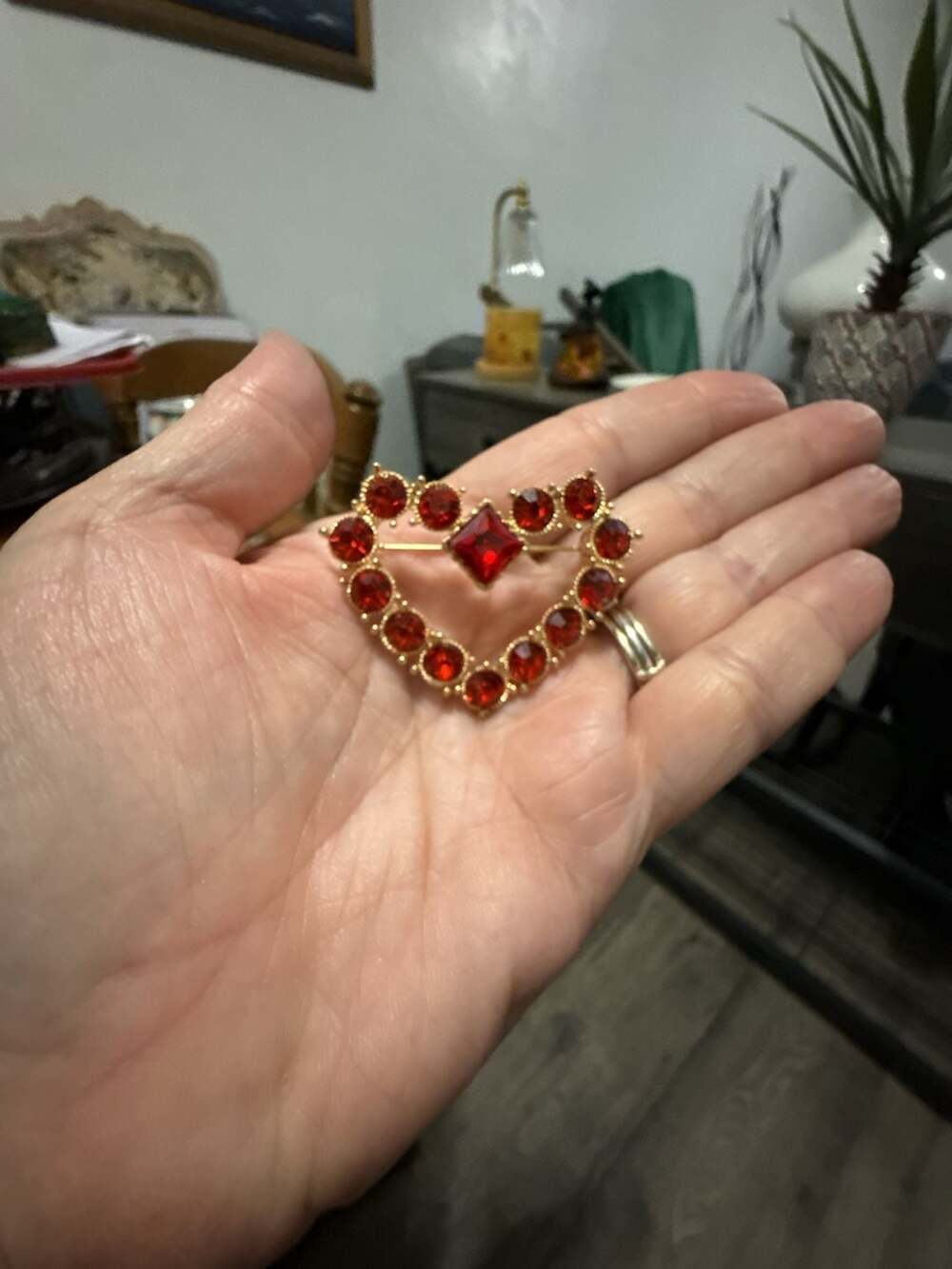 Vintage Gold Tone Red Rhinestone Heart Brooch Pin